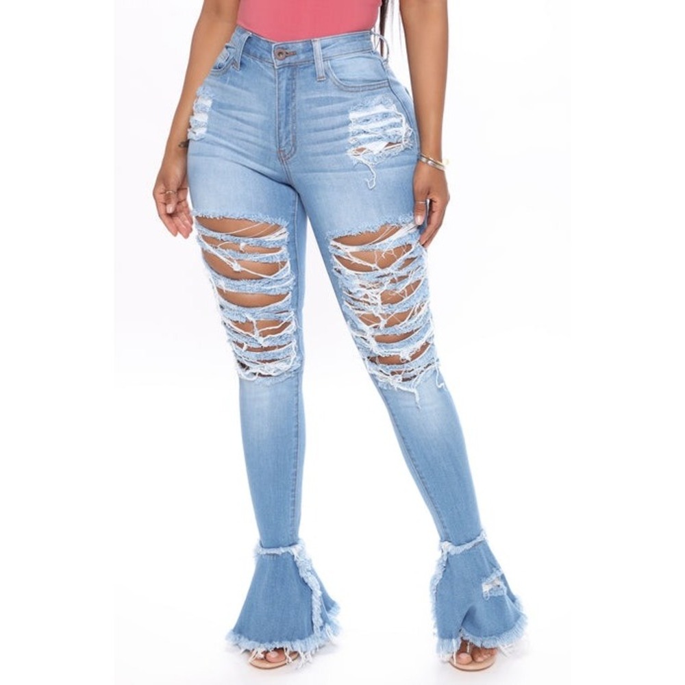 Fashion Nova Womens Flare Leg Jeans 11 Blue Fray What You‎ Mean Distressed NWT